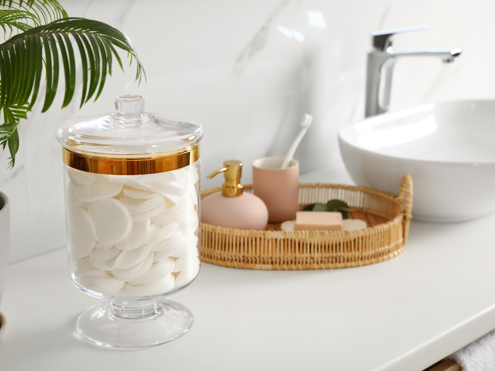 Pretty bathroom countertop tray with soap, lotion, and everyday essentials.