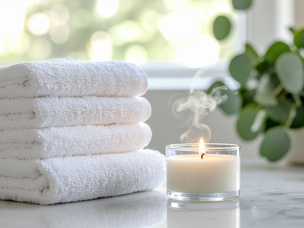 Cozy bathroom towels and soft bath mat in neutral colors.