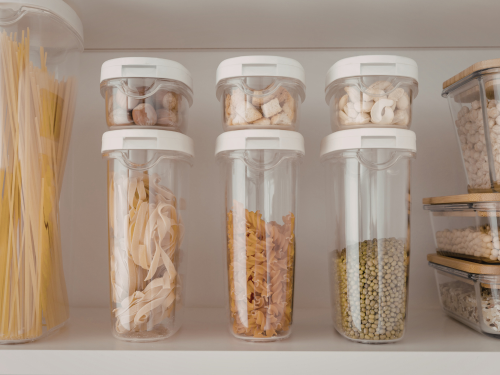 stackable bins for pantry and small kitchen organization