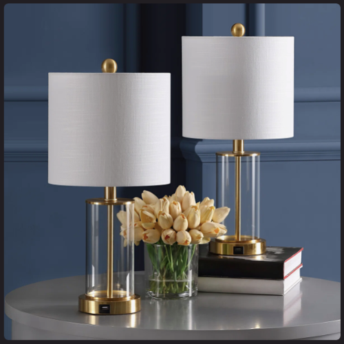 Pair of clear glass and brass table lamps with white shades