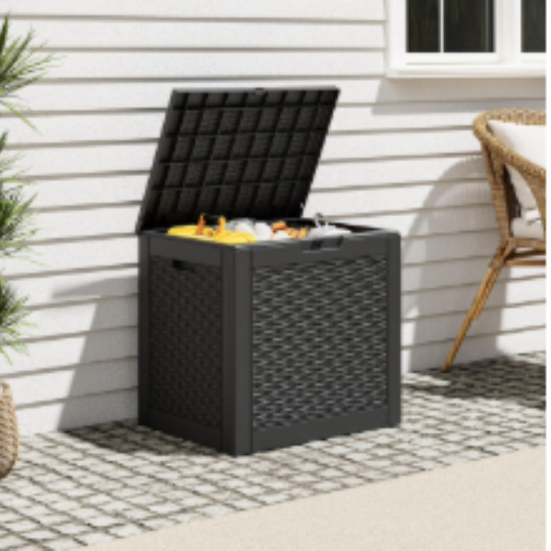 Compact deck box organizing a small apartment patio